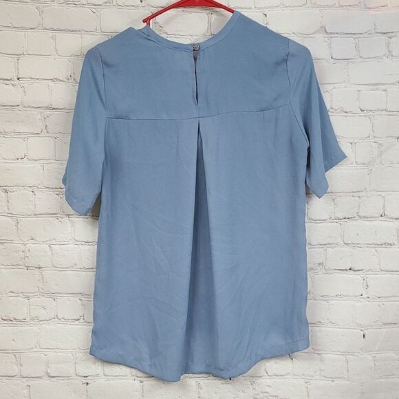 Lulus Slate Blue Split V-Neck Short Sleeve Chiffon Blouse Keyhole Back XS Top - Picture 4 of 8